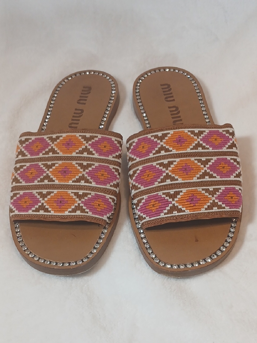 Miu Miu Pink, Orange/ Tan/Pink  Embroidered Boho-Glan Slide Sandals Sz 36